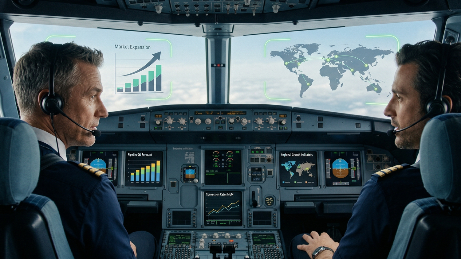 Two pilots in an airplane cockpit with charts and a world map